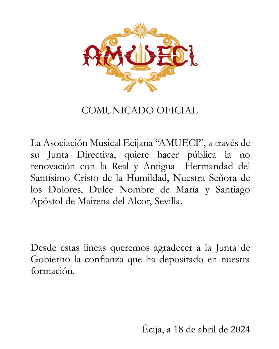 COMUNICADO OFICIAL | Hacemos pública la no renovación con la Hermandad de la <a href="/HumildadMairena/">Hermandad de la Humildad</a> del Alcor, Sevilla. 

#SuenaAmueci🎶