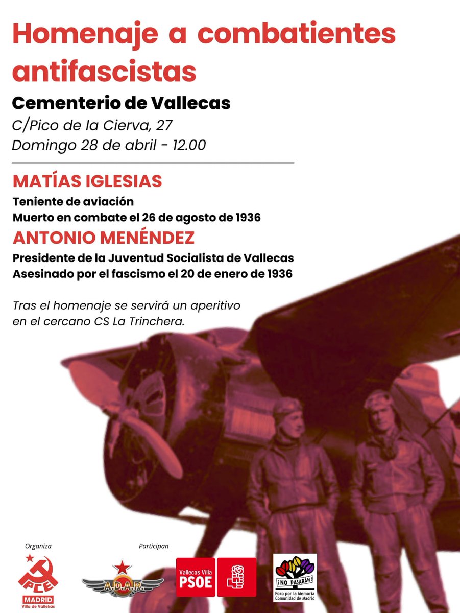 📣📣 Os invitamos al homenaje a los héroes que fueron asesinados por el fascismo. Que su memoria no quede en el olvido. 📍Cementerio de Vallekas. C/ Pico de la Cierva 27 ⏲️12:00 📅Domingo 28 de abril #Vallekas #Antifascismo #República