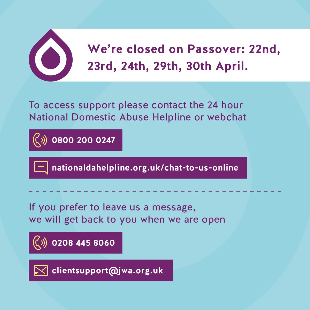 ❗Please note that our helpline, webchat, and email support service will be closed over the Passover holidays: 22nd, 23rd, 24th, 29th, 30th of April. If you need support, please use the services listed for the National Domestic Abuse Helpline. 📞 999 in an emergency