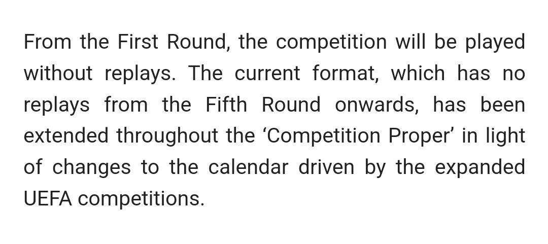 Breaking: There will no longer be FA Cup replays from the First Round due to the expansion of the Champions League from next season. Money out of the pockets of smaller clubs and into the pockets of richer ones