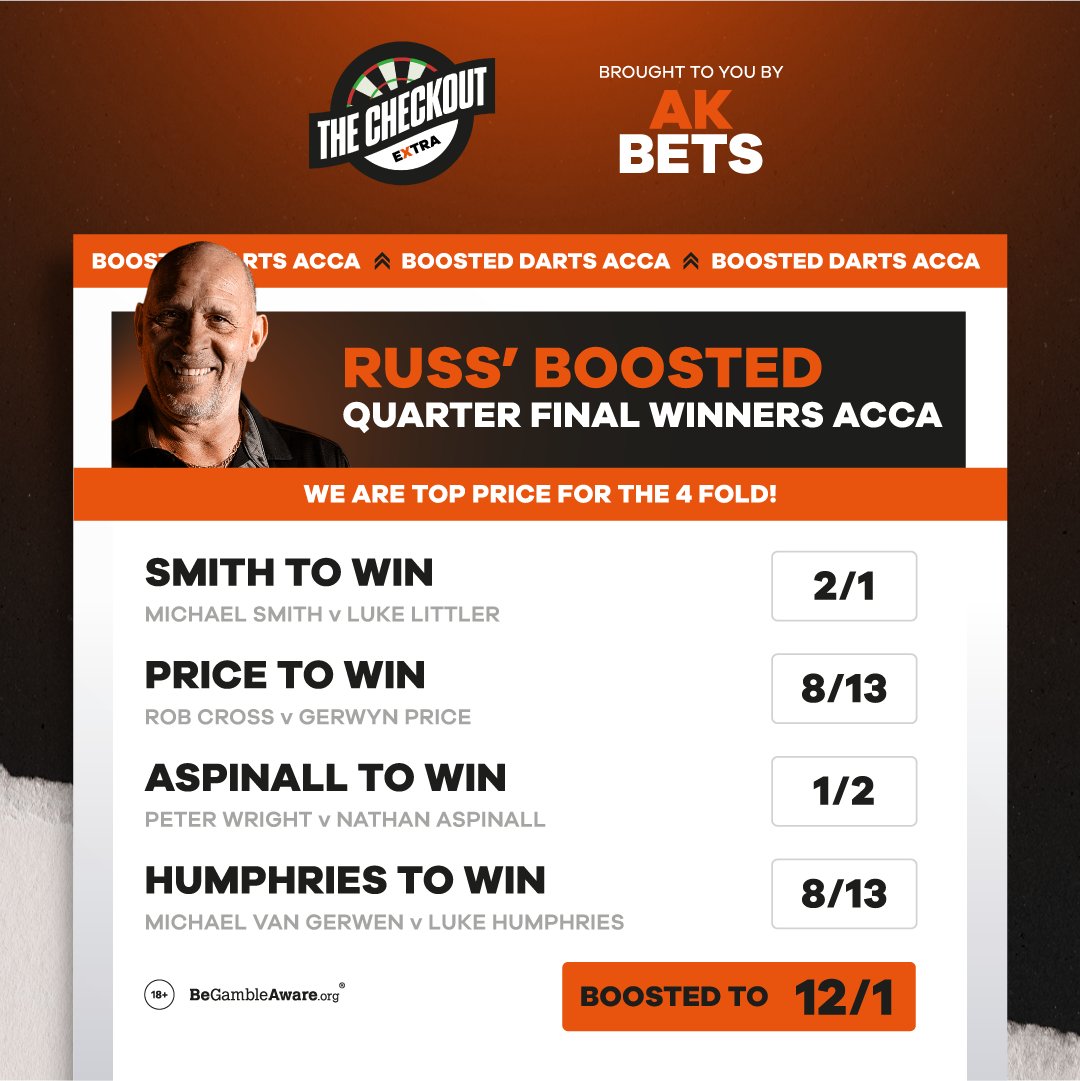 AKBets's tweet photo. 🎯 @Russ180 has shared Quarter-Final fancies for this week's #PremierLeagueDarts...
 
We've BOOSTED Russ' Accumulator to 12/1!
 
#TheCheckout | 18+ | BeGambleAware