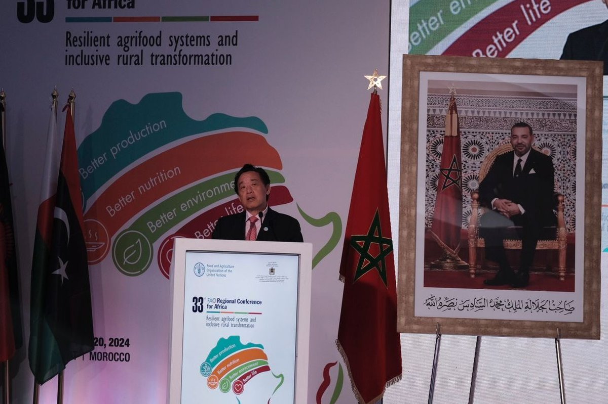 FAOAfrica's tweet photo. We must chart a new course, now. Together.

The #4Betters are not just a vision, they are a call to action - said the @FAODG  Qu Dongyu at #ARC33.

Through the transformation of agrifood systems we can unlock benefits for Africa across food security, the economy and more. https://t.co/I8nb8lPwml