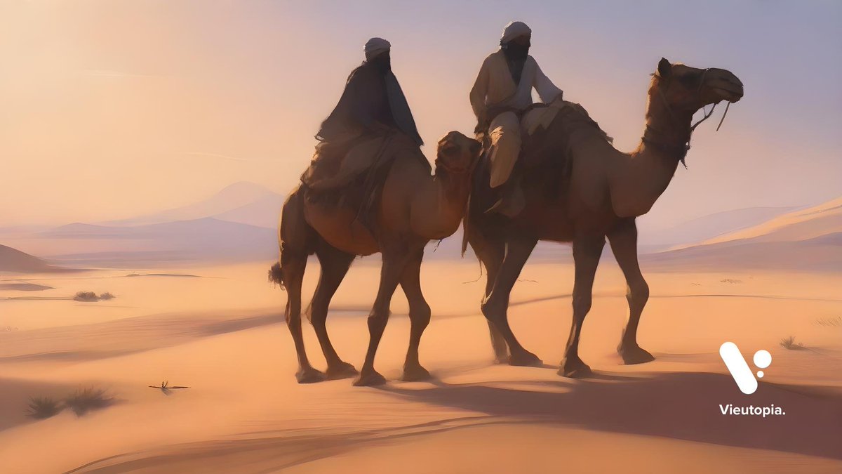 Two silhouetted figures rides camels across desert expanse. #Vieutopia #NewsletterSignUp #AI #AIArt #AIArtCommunity #FridayFeeling
