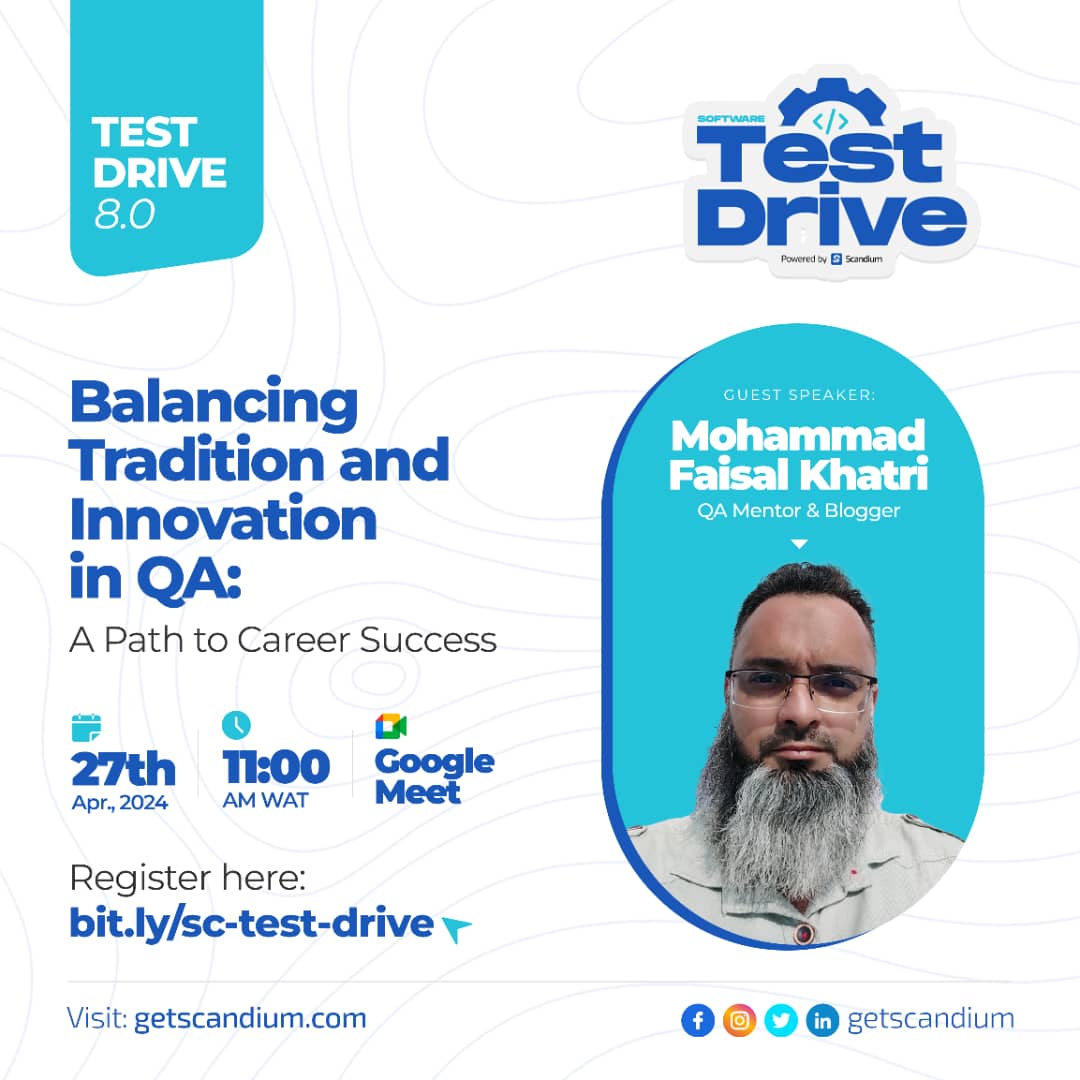 Join us on another edition of Test Drive; Test Drive 8.0.

🗣 Guest Speaker: Mohammad Faisal Khatri (QA Mentor and Blogger)
⏰ Time: 11 am (WAT) 
📆 Date: April 27, 2024.
🔗 Registration link: bit.ly/sc-test-drive (Limited slots available)
📍 Venue: Google Meet
