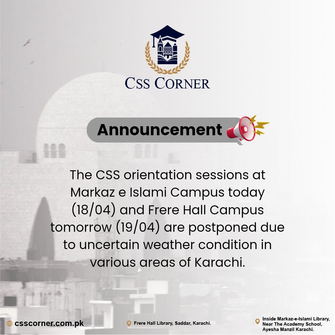 CSSCorner's tweet image. Important Announcement 📢
Stay safe and stay tuned for rescheduling details!
#csscorner #css #orientation #session #new #batch #postponed #karachi #weather #rain