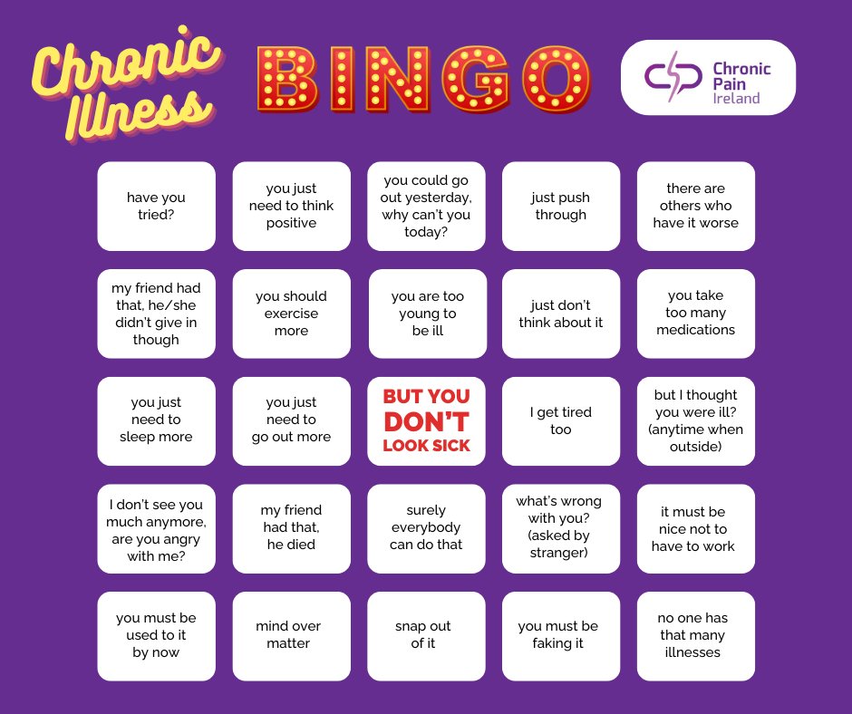 Pain Bingo - full house anyone? There is a huge amount of #stigma attached to chronic pain. People with #chronicpain have to deal with other people’s responses, on top of the physical and psychological impacts of the disease itself. More info 👉chronicpain.ie/stigma-and-chr…