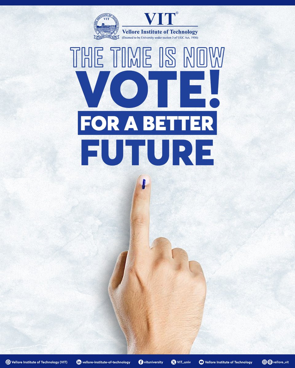 VIT_univ's tweet photo. Every Vote Shapes the Future: Cast Yours for a Better Nation!
#VIT #VelloreInstituteofTechnology #ElectionTrivia #YourVoiceYourRight #Voting #Voters #Election #IndianElections #Election2024 https://t.co/yWU1ULs0gs