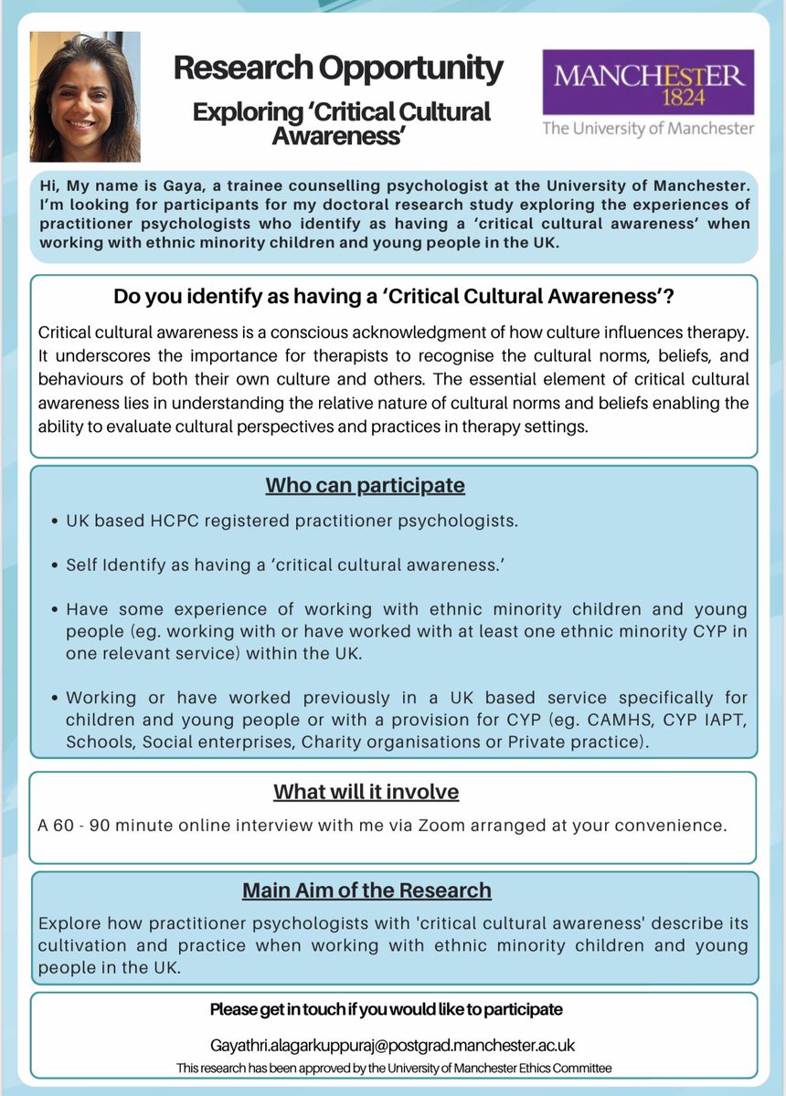 If you’re a practitioner psychologist & interested in cultural awareness pls take part in this important study -contact details are in poster