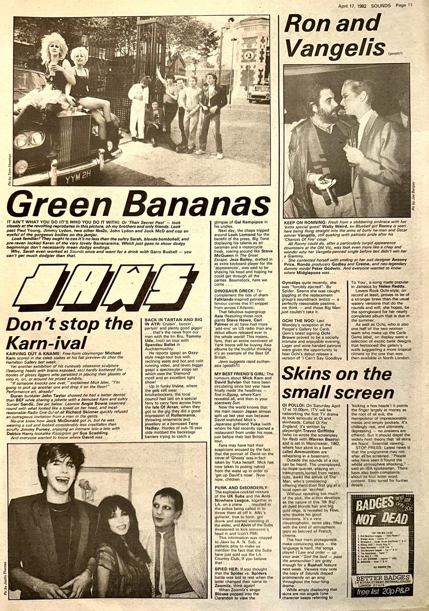 #MickKarn is all over Jaws this week, for both his celeb filled gallery preview & confirmed rumours of his shared interest with fellow #Japan bandmate, @davidsylviannet 

@UKSubs & Anti Nowhere League were  thrown off a plane for drunken antics!

@antinowhere 

Sounds Apr 17 1982