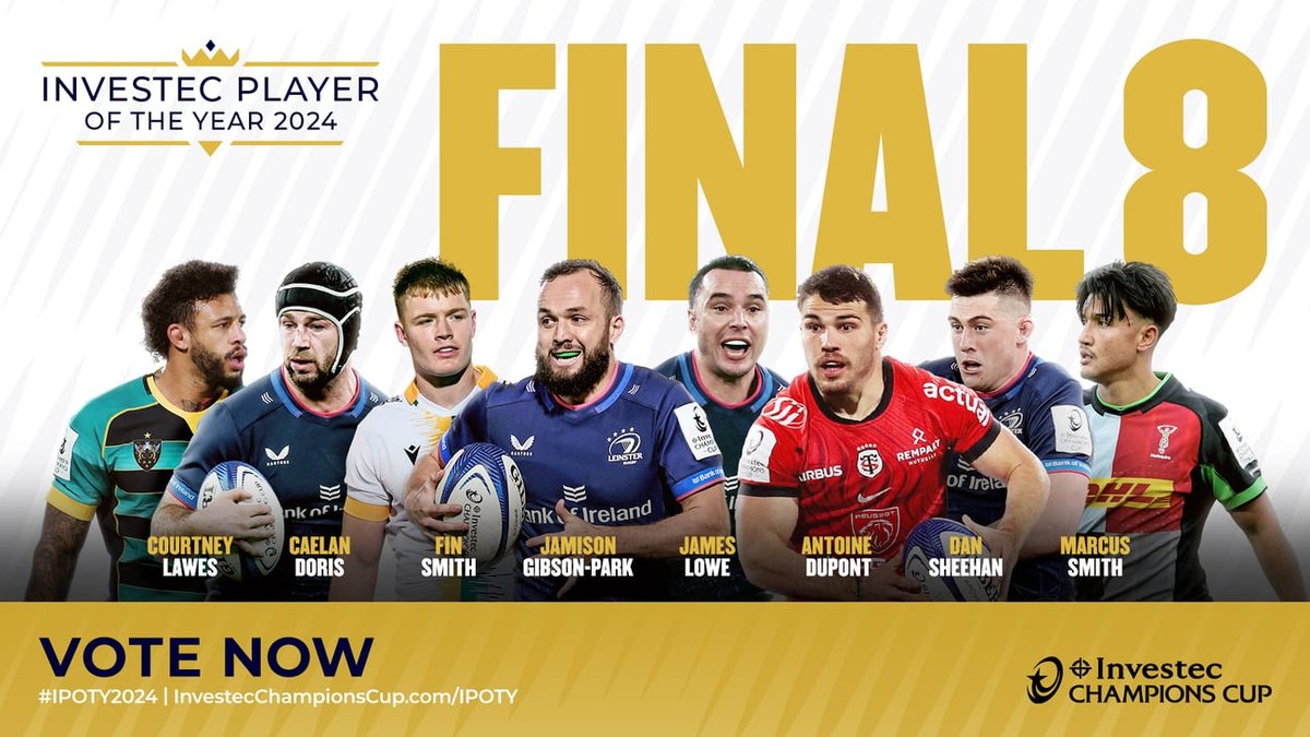Leinster's Caelan Doris, Jamison Gibson-Park, James Lowe, and Dan Sheehan among nominees for 2024 Investec Champions Cup Player of the Year award. Antoine Dupont, Courtney Lawes, Fin Smith, and Marcus Smith also nominated. Voting here: epcrugby.com/ipoty