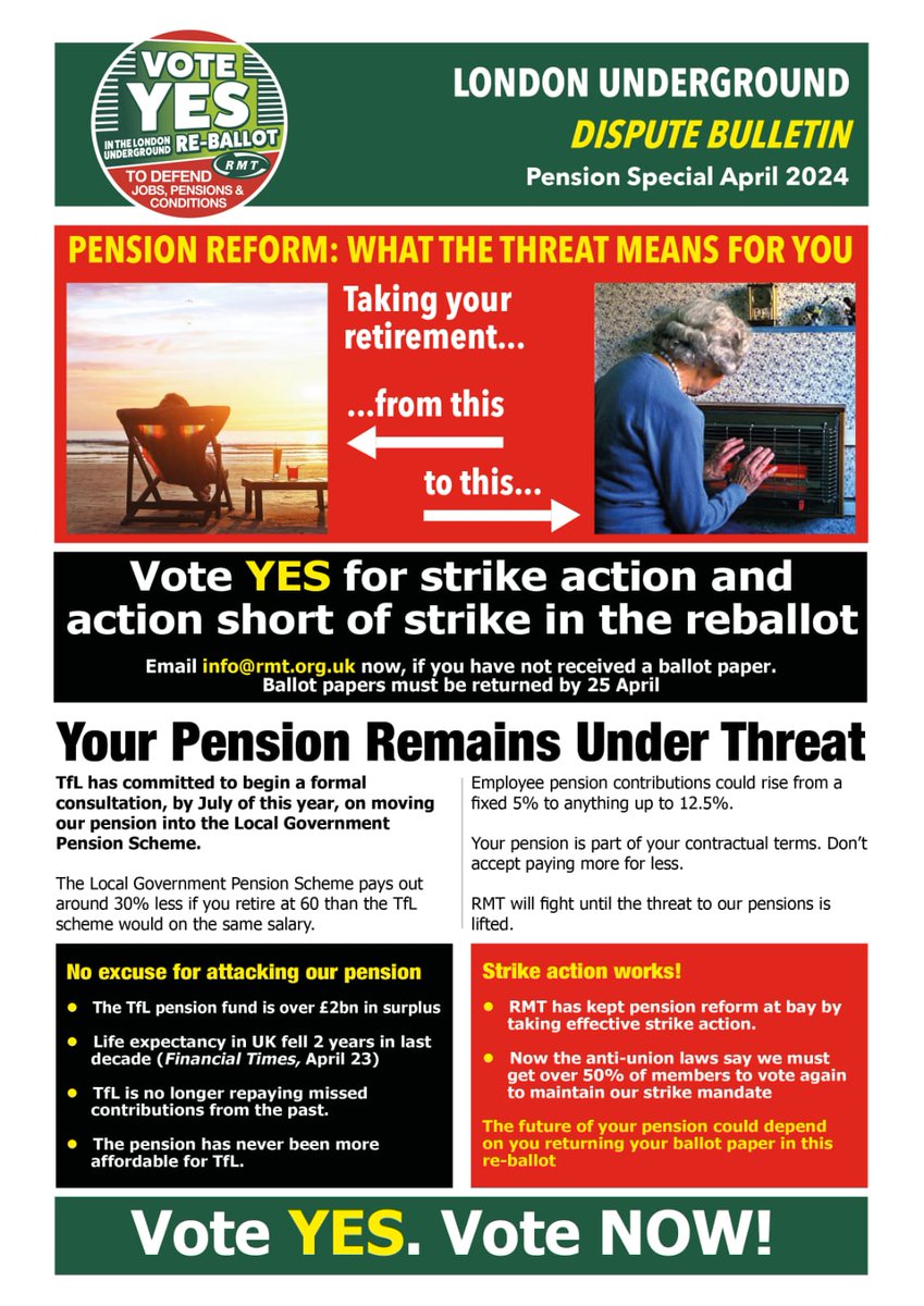 ⚠️ Nor long left to vote in the LUL ballot, so get your paper back today. Not had yours yet? Speak to your rep, email info@rmt.org.uk or call 0800 376 3706 LUL Defending Jobs, Pensions & Agreements. Vote YES in the re-ballot. Special Bulletin bit.ly/4d3OOvW