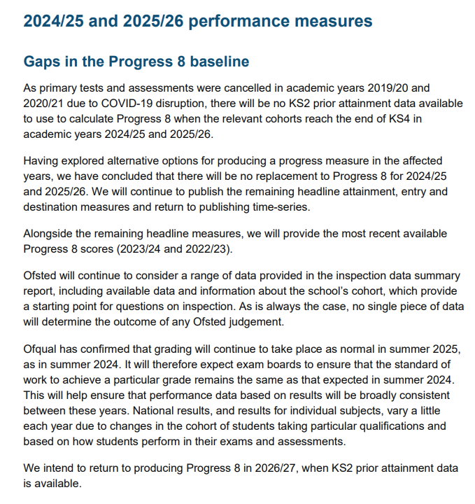 Confirmed: No Progress 8 or replacement secondary school progress measure for 2024/25 or 2025/26.