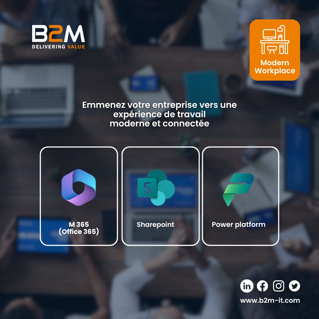 B2M vous offre la solution Modern Workplace, une approche intégrée pour améliorer la productivité, la collaboration et la sécurité au sein de votre organisation. Bénéficiez d'une expérience de travail moderne et connectée.

#B2M #Powerplay #MicrosoftDynamics #BusinessCentral