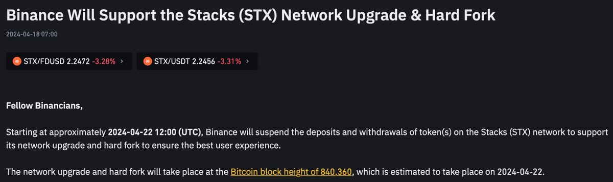.@binance will support the @Stacks $STX Network Upgrade & Hard Fork. Starting at approximately 2024-04-22 12:00 UTC, Binance will suspend the deposits and withdrawals of token(s) on the Stacks (STX) network to support its network upgrade and hard fork to ensure the best user