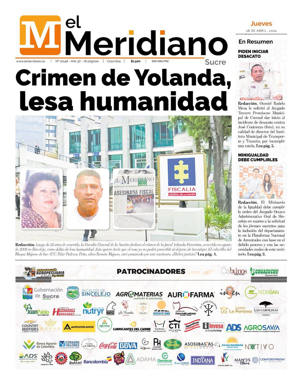 #PrimeraPáginaSucre #18Abril

#LaVerdadSinAfán 
#ElMeridianoTeubica 
#LíderesEnSucre #Noticias 

Lea todas nuestras noticas en elmeridiano.co