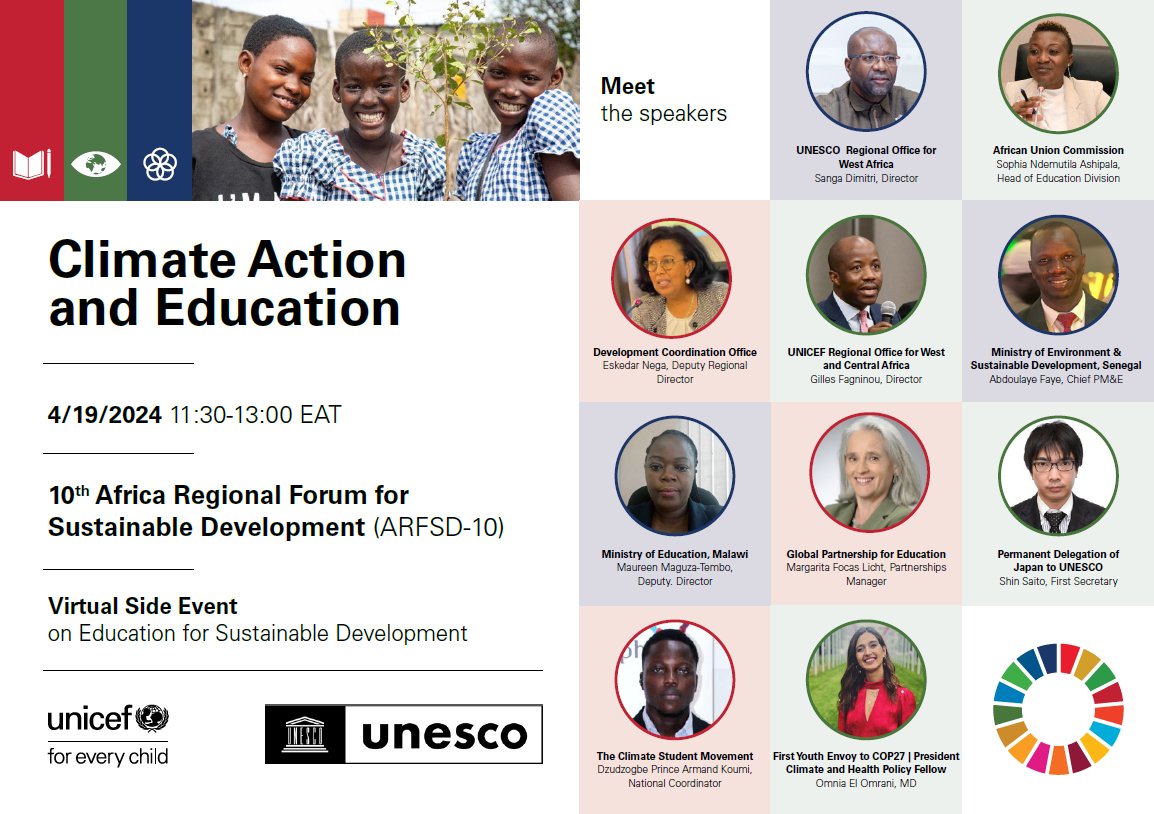 Meet our incredible speakers for the 'Climate action and Education' side event by @UNICEF and @UNESCO! Register via the link below and join us at 11:30 EAT tomorrow 19 April 👇🏿 zoom.us/webinar/regist… #ARFSD