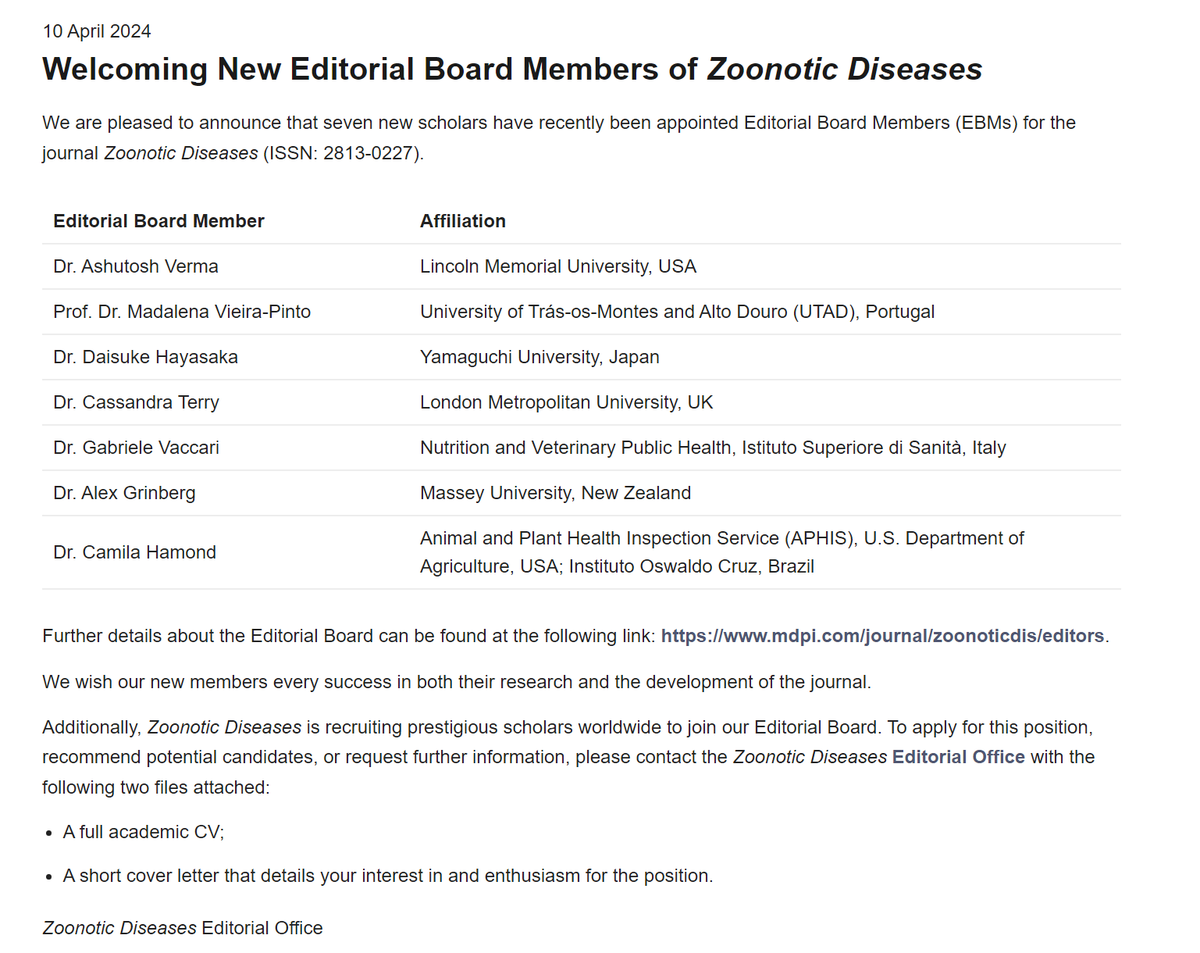 Welcoming New Editorial Board Members of Zoonotic Diseases🎉🎉🎉 mdpi.com/journal/zoonot…