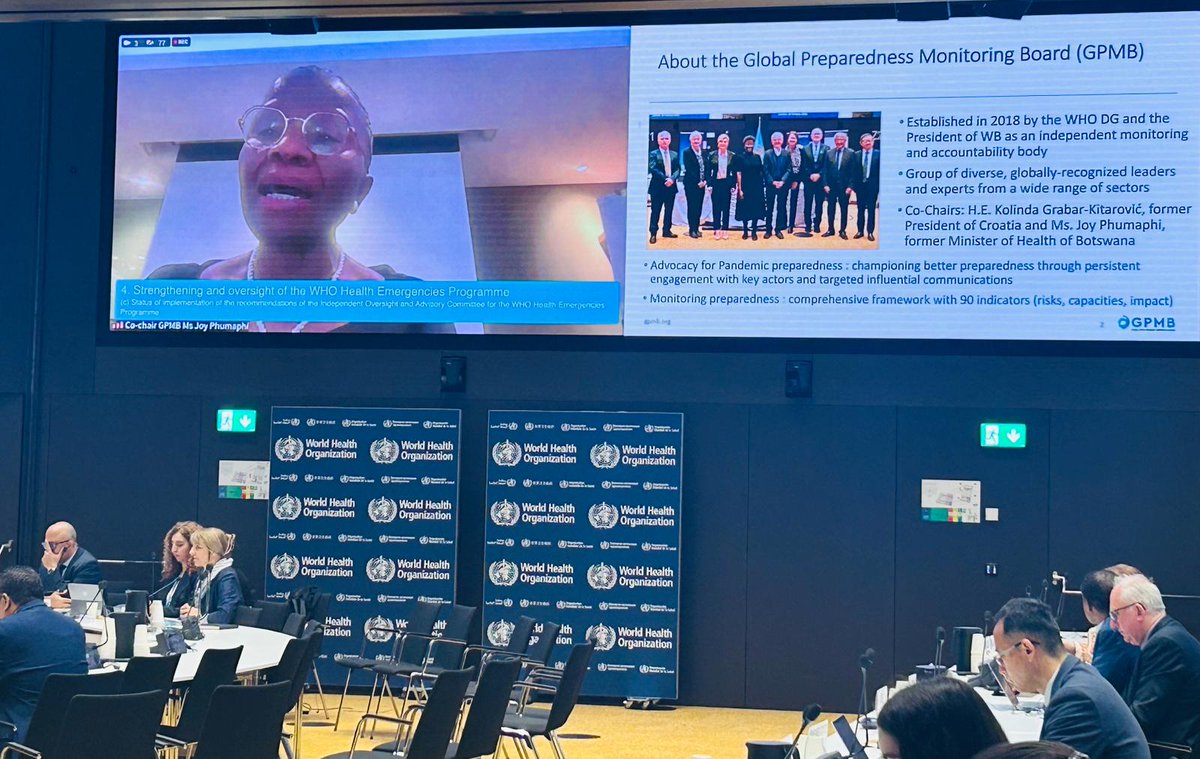 .@TheGPMB Co-Chair @JoyPhumaphi and Head of Secretariat @SCBriand were pleased to present and discuss GPMB 2023 Report recommendations (see: bit.ly/4b2caAv) at the 4th meeting of the Standing Committee on Health Emergency Prevention, Preparedness, and Response (SCHEPPR)