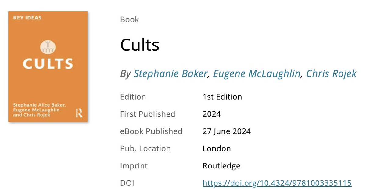 Mark Duffett (@soundresearch) on Twitter photo This short book on cults by <a href="/DrSABaker/">Dr Stephanie Alice Baker</a>, Eugene McLaughlin and Chris Rojek - upcoming from Routledge - looks really timely and intriguing, not least for the range of examples it draws together:
taylorfrancis.com/books/mono/10.…
#Musicfandom
#IASPM
#FSNNA24 This short book on cults by <a href="/DrSABaker/">Dr Stephanie Alice Baker</a>, Eugene McLaughlin and Chris Rojek - upcoming from Routledge - looks really timely and intriguing, not least for the range of examples it draws together:
taylorfrancis.com/books/mono/10.…
#Musicfandom
#IASPM
#FSNNA24