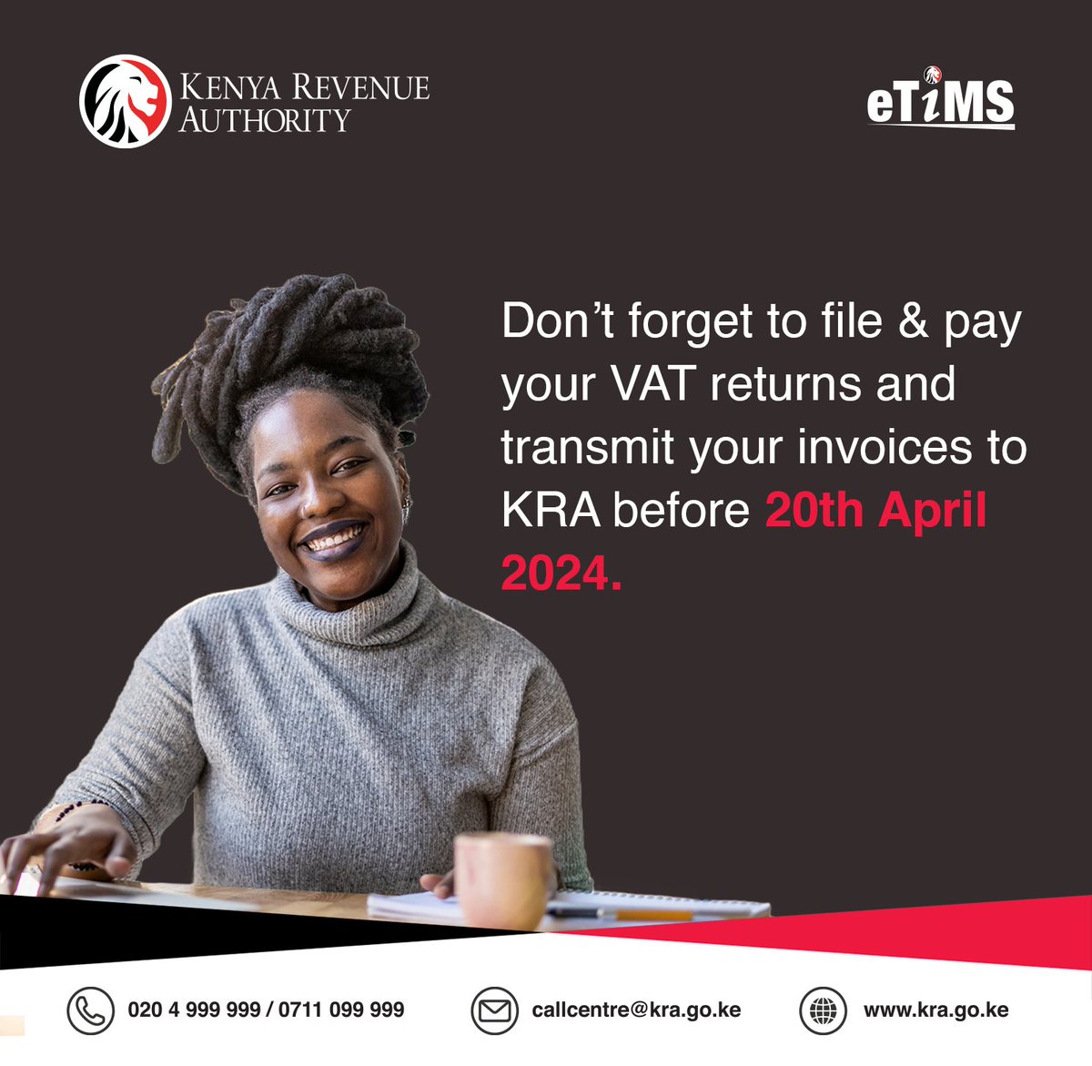 All VAT registered businesses are reminded to file and pay their returns before 20th April 2024. Remember to transmit your invoices to be able to claim business expenses and file returns easily. #ComplianceReminder #KRAeTiMS