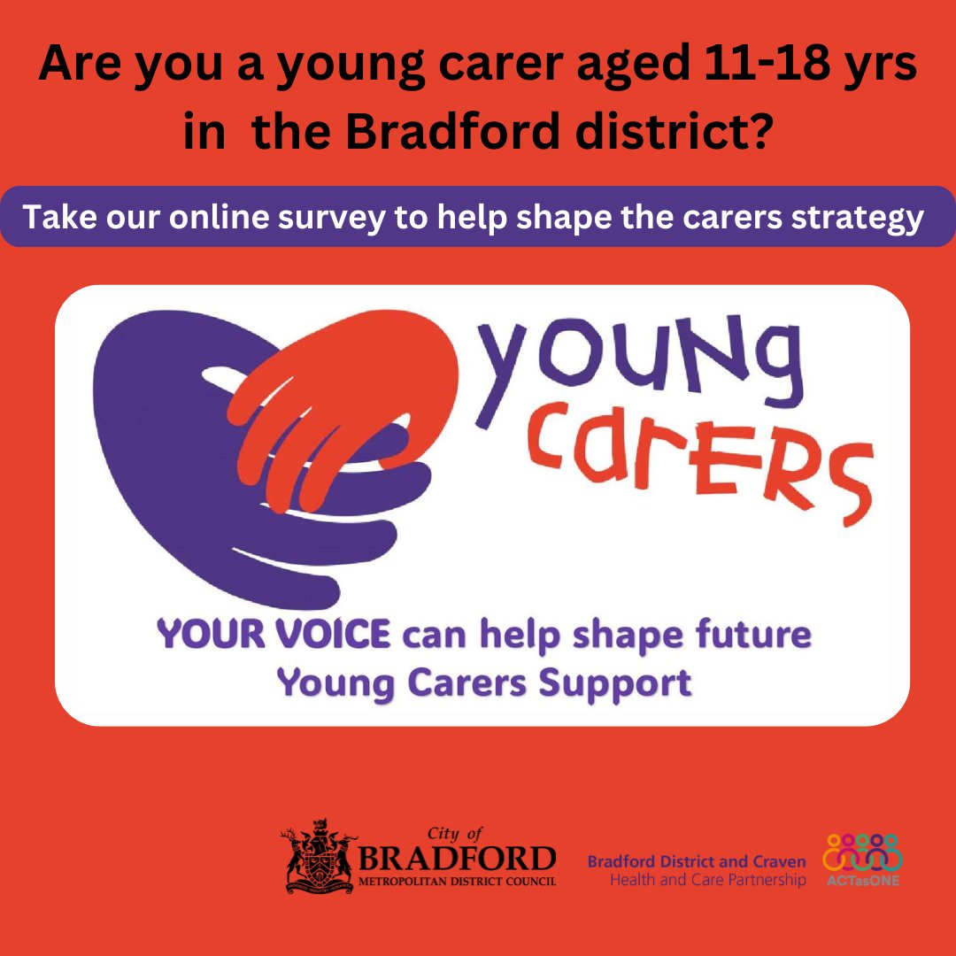 We are inviting young carers aged 11-18 yrs in Bradford district to take part in an online survey to help shape future services and support. Take the survey here: orlo.uk/IhuMY The closing date is 30 April, 2024.