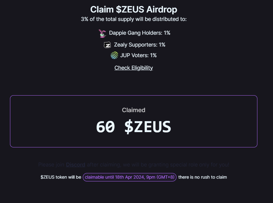 SebMontgomery's tweet photo. PSA PSA PSA

It's 6:10pm in Taiwan, and you have under 3 hours to claim your $ZEUS before you lose it.

If you voted in round 1 of the LFG Jup vote, you are eligible.
Check your wallets either manually, or with https://t.co/dy7GUHQtiH

Most of mine has been claiming, but I found 10 and 100 in a couple of wallets. I am just holding it, btw, NFA

https://t.co/DkOthhb5d3
