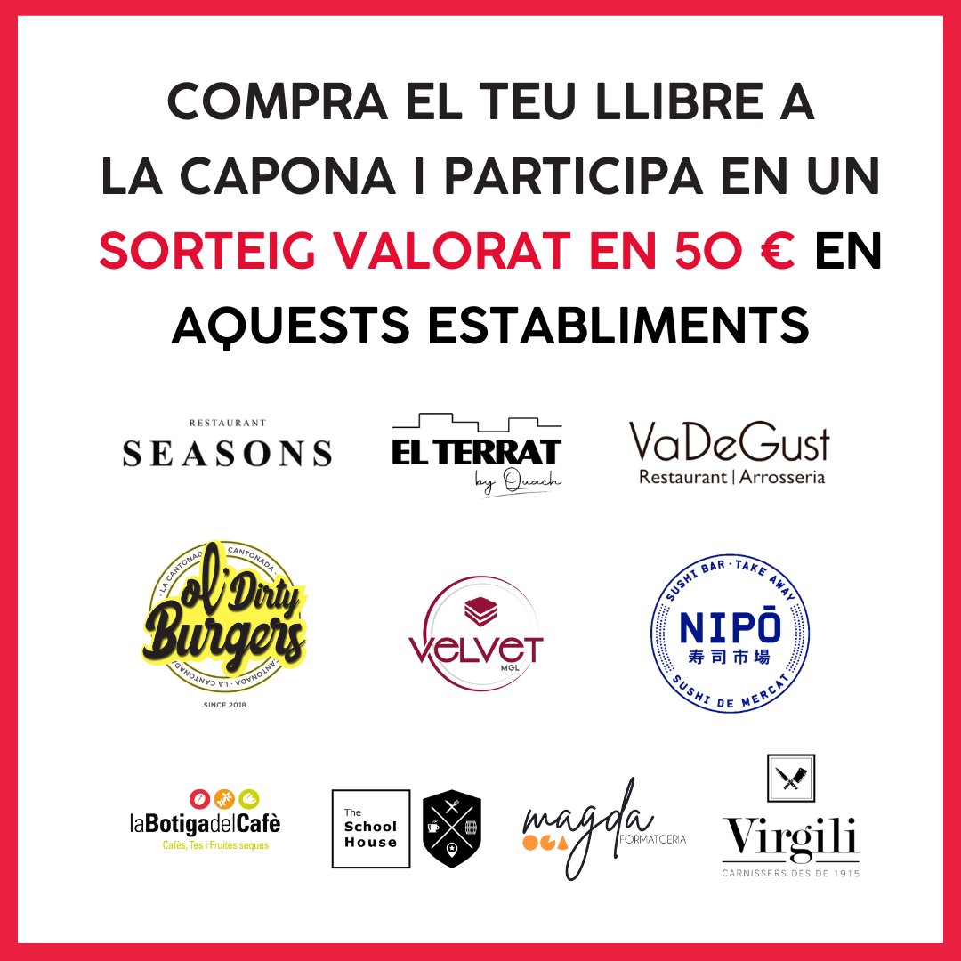 😉  Tota persona que compri un llibre entre el 18 i el 30 d'abril, sigui a La Capona o bé a la nostra parada de la Rambla Nova, rebrà una butlleta amb la qual podrà participar en un sorteig d'un xec per valor de 50 € a bescanviar en una selecció de restaurants i comerços.  😉
