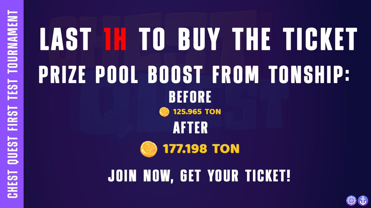 🚀 Prize Pool Update! The prize pool has been increased by 50 TONs from TONSHIP! 🌟 ⏳ Final Hour to Register & Buy Your Ticket! Don't miss your chance to join the excitement. This is your last hour to enter the competition. Register now! 🔗 Join here: t.me/chest_quest_bot…