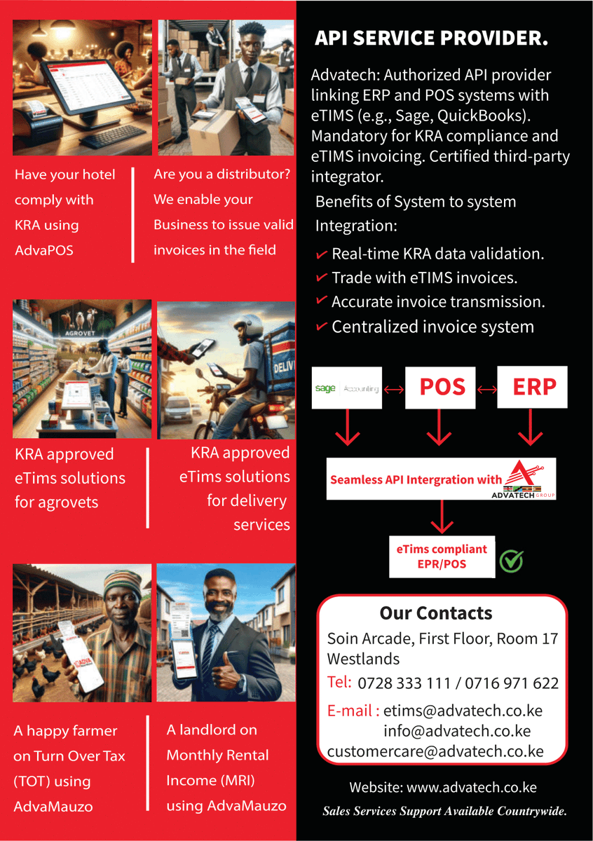 AdvatechLimited's tweet image. Navigate Compliance Hassle, Opt for KRA Approved eTIMs Solutions for Your Delivery Fleet. Deliver with Confidence

For More  Information👇

📞𝟎𝟕𝟏𝟔𝟗𝟕𝟏𝟔𝟐𝟐/ 𝟎𝟕𝟐𝟖𝟑𝟑𝟑𝟏𝟏𝟏
🌐 𝐡𝐭𝐭𝐩𝐬://𝐚𝐝𝐯𝐚𝐭𝐞𝐜𝐡.𝐜𝐨.𝐤𝐞/

#pos #apiservices #api #advapos #etims #KRAeTiMs