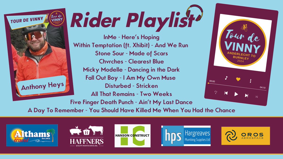 🎧RIDER PLAYLIST | We've asked our @TourDeVinny riders to share the tunes they love to listen to when they're out riding. Here's our first Rider Playlist courtesy of @AH_1882! 🎵What do you listen to when out training? 🔗gofundme.com/tour-de-vinny #twitterclarets