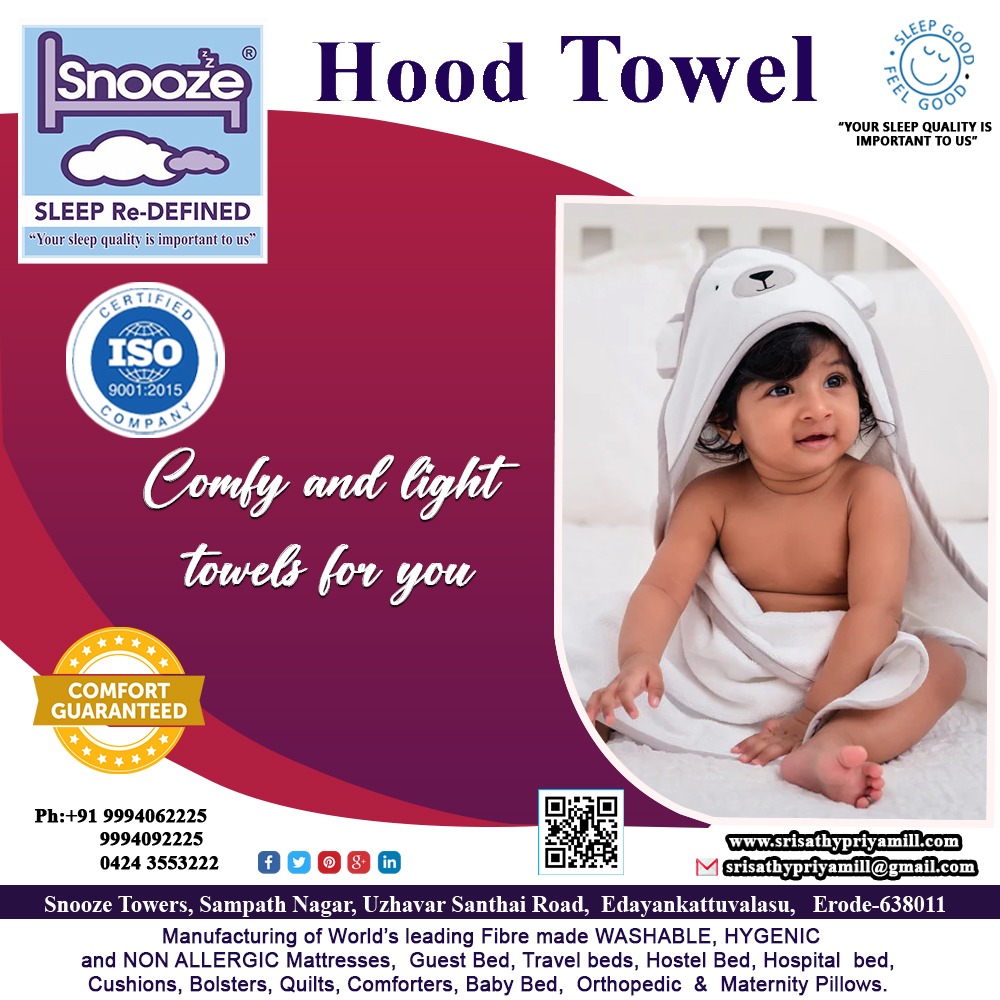snooze_srisathypriyamill
'HOOD TOWEL'
'Comfy and Light Towels for You'
Contact Number: 099940 62225
Available in all leading showrooms
#snooze #hoodedtowel #baby #babytowel #towel #babyshower #newborn #babyessentials #babyblanket #bathtime #cotton #personalizedgifts #bathtowel