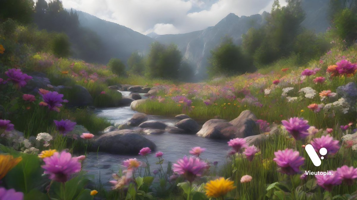 Stunning photorealistic scene: flowers, mountain, waterfall, river. 🌊 #Vieutopia #NewsletterSignUp #AI #AIArt #AIArtCommunity #SaturdayVibes