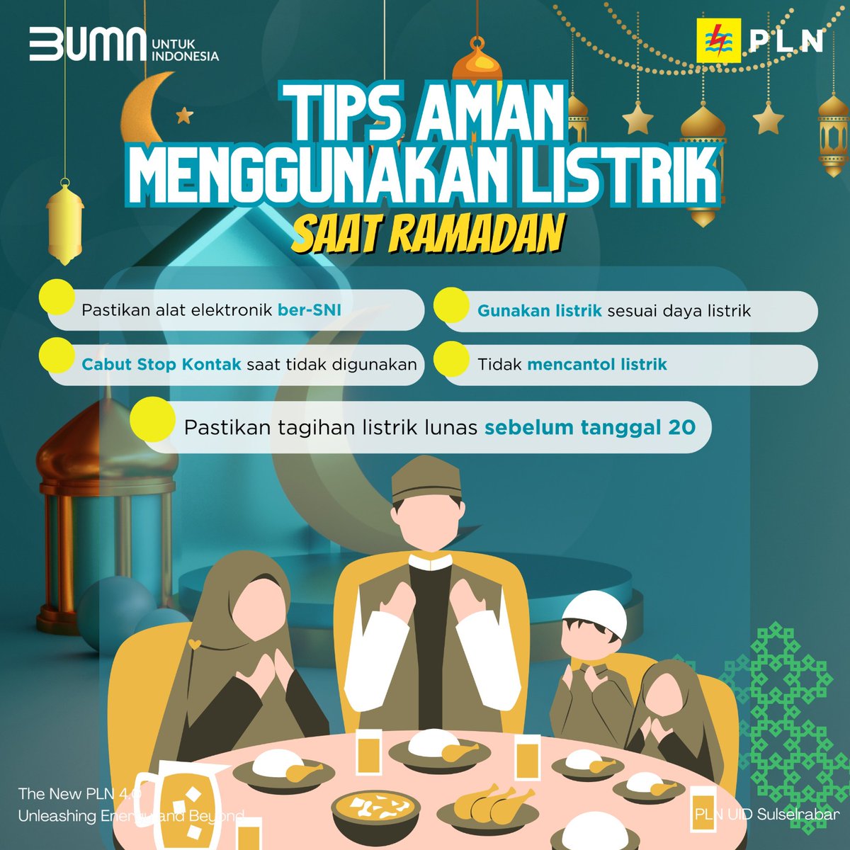 Electrizen, menjaga keamanan listrik menjadi salah satu kunci agar ibadah tetap nyaman dan lancar selama Ramadan.

Mimim mau bagi tips-tips tentang penggunaan listrik selama Ramadan untuk electrizen

#PLN #TipsListrik #RamadanTerang #PLNSulselrabar #TJSLPLN #UMKM #LocalPride