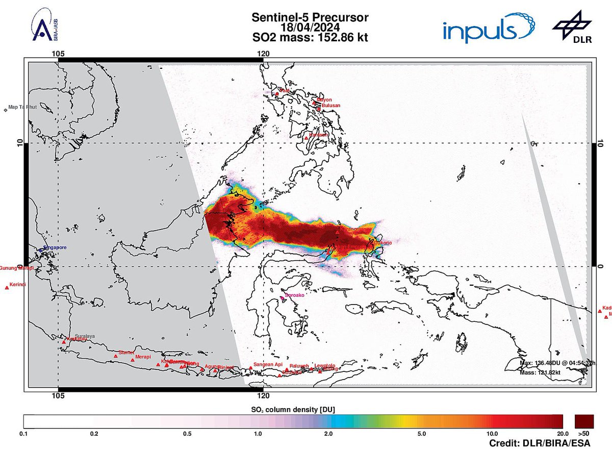 Kamis 18 April 2024 #TROPOMI telah mendeteksi peningkatan sinyal SO2 sebesar 136.48 DU pada jarak 66.5 km ke Karangetang.
Sumber Lain : Gunung Api RUANG dan Gunung Api AWU

Oksida Sulfur gunung api #Ruang tersebar menutupi langit KALIMANTAN UTARA