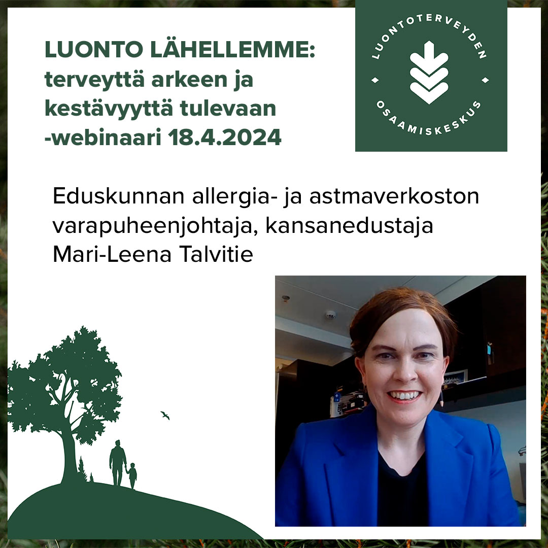 Kaavoituksella ja kunnilla on iso rooli ihmisten hyvinvoinnin tukemisessa ja siinä, miten pääsemme liikkumaan luonnossa. Lain säädännöllä on merkitystä, miten vaalimme luontoa, totesi kansanedustaja <a href="/marileenat/">Mari-Leena Talvitie</a> Luontoterveyden osaamiskeskuksen webinaarissa. #luontoterveys