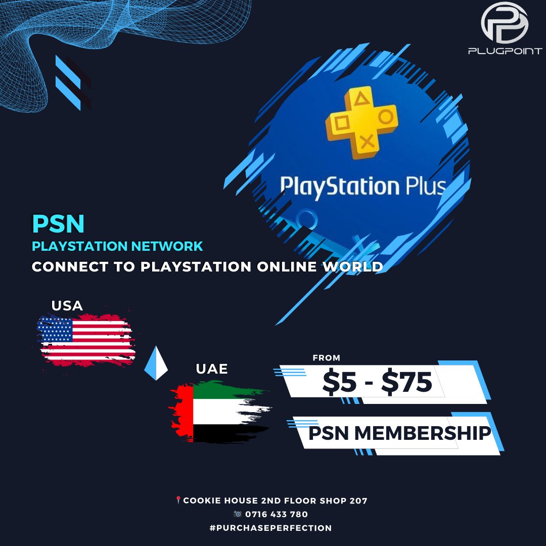 PSN CARDS
Connect to PlayStation online world

DM/CALL to know the price in KSH
PSN Code sent directly to your Email or as a text within 1 Hour

📍Cookie House 2nd Floor Shop 207
📷 0716 433 780 
#PurchasePerfection