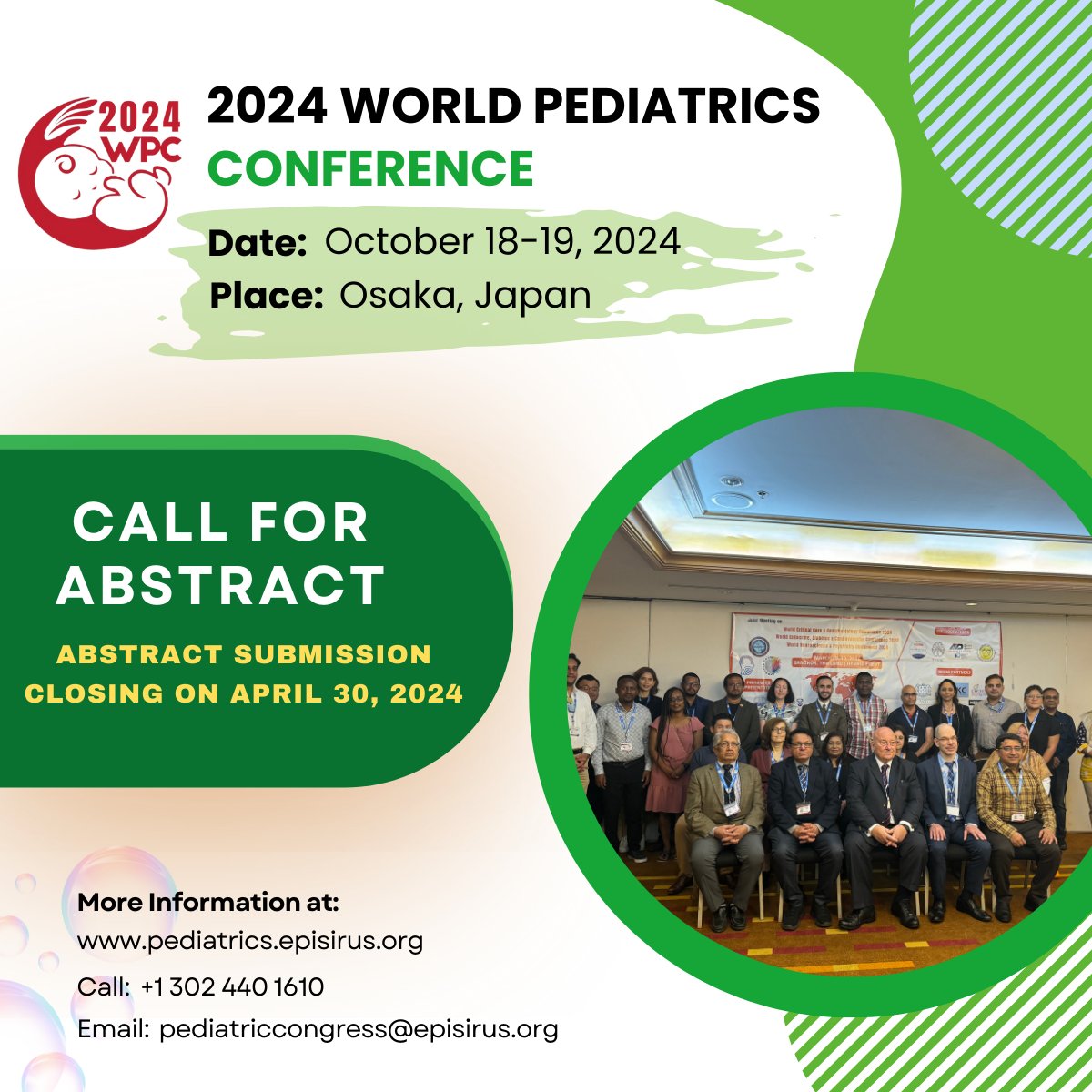 The deadline for #2024WPC abstract submissions is quickly approaching! Don't miss the opportunity. Submit abstract: pediatrics.episirus.org/abstract-submi… #Abstractsubmission #CPD #healthcareprofessional #CallforAbstract #2024wpc #Japanconference #medicalconference #healthconference #pediatrics