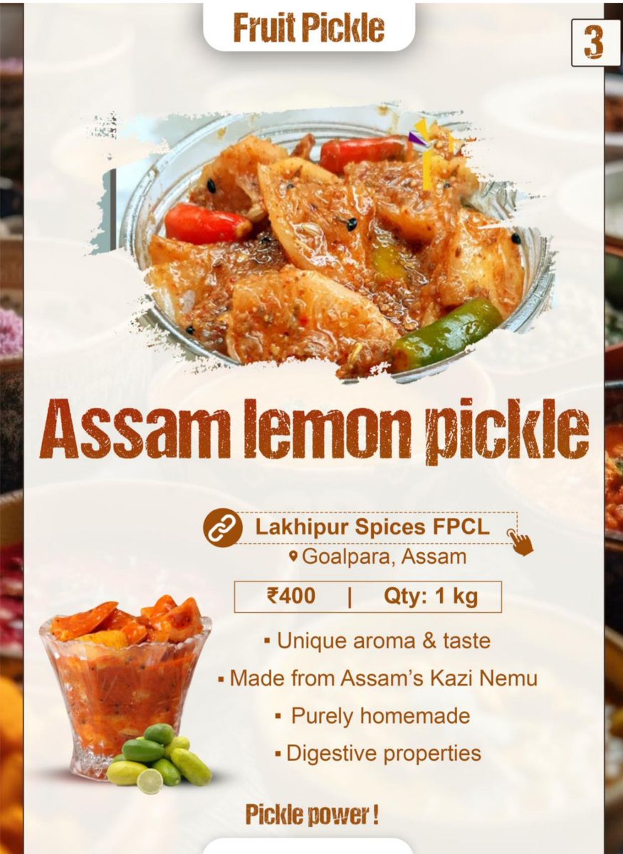 Pickle fun!

This spicy pickle made with Assam lemon boosts taste & provides a harmonious dining experience.

Buy from FPO farmers at👇
 mystore.in/en/product/702… 

100% natural😋 

@AgriGoI @CMOfficeAssam @ONDC_Official @PIB_India @mygovindia  #VocalforLocal #HealthyEating #tasty