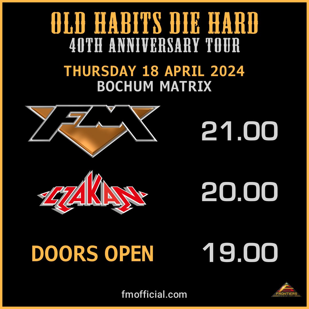 We're in Bochum tonight, here's your stage times @MatrixBochum 

Doors open : 19.00h 
Czakan : 20.00h 
FM : 21.00h

#FMlive #40thAnniversaryTour #oldhabitsdiehard #germany #classicrock #melodicrock #fmrock #bochum #ontour