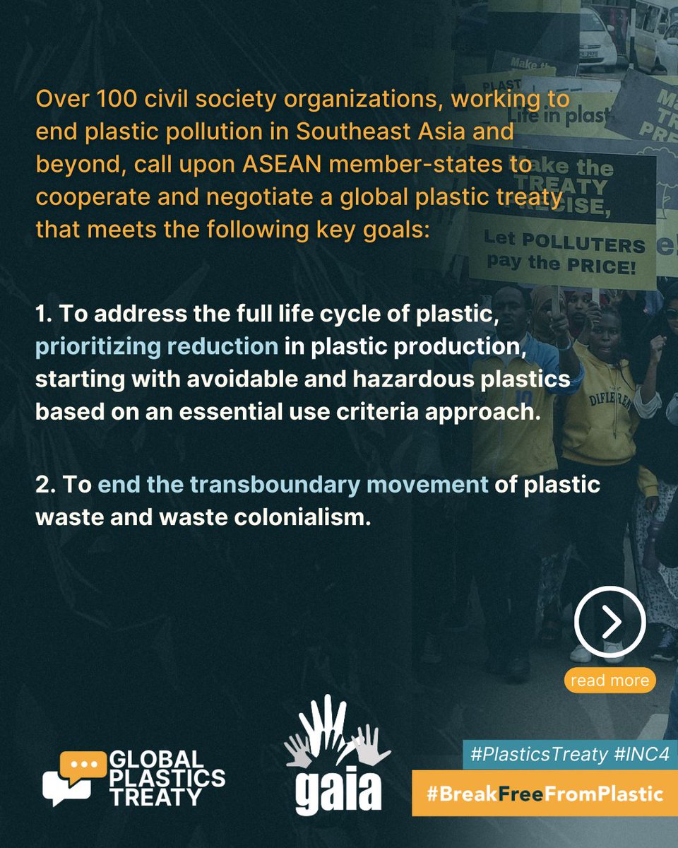 GAIAnoburn's tweet photo. Today, GAIA alongside an alliance of over 100 passionate civil society organizations, &amp; the #breakfreefromplastic movement, issued a resolute call for robust @ASEAN leadership in the ongoing negotiations for the #GlobalPlasticsTreaty.

#INC4 #PlasticsTreaty
#LessPlasticMoreLife https://t.co/5RIUYWklmP