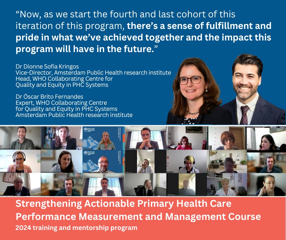 The WHO Collaborating Centre at @amsterdamumc leads the PHC Performance Measurement & Management program. Previous 3 cohorts of the program have shown promising strides in PHC priority projects. We are hopeful that 2024 cohort🇪🇪🇬🇷🇭🇺🇸🇮 will follow the same suit to deliver #PHC4UHC