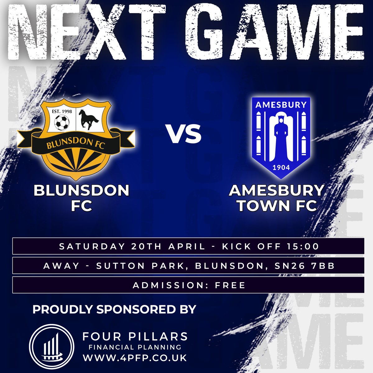 𝗡𝗘𝗫𝗧 𝗨𝗣 This Saturday we face Blunsdon away at Sutton Park. Full details below ⚪️🔵⚪️🔵 🆚:@blunnyfc 🏆:@WiltsLeague 📌: Away - Sutton Park, Blunsdon, SN267BB 🧭: bit.ly/BlunnyFC ⏰: 15:00 💵: FREE