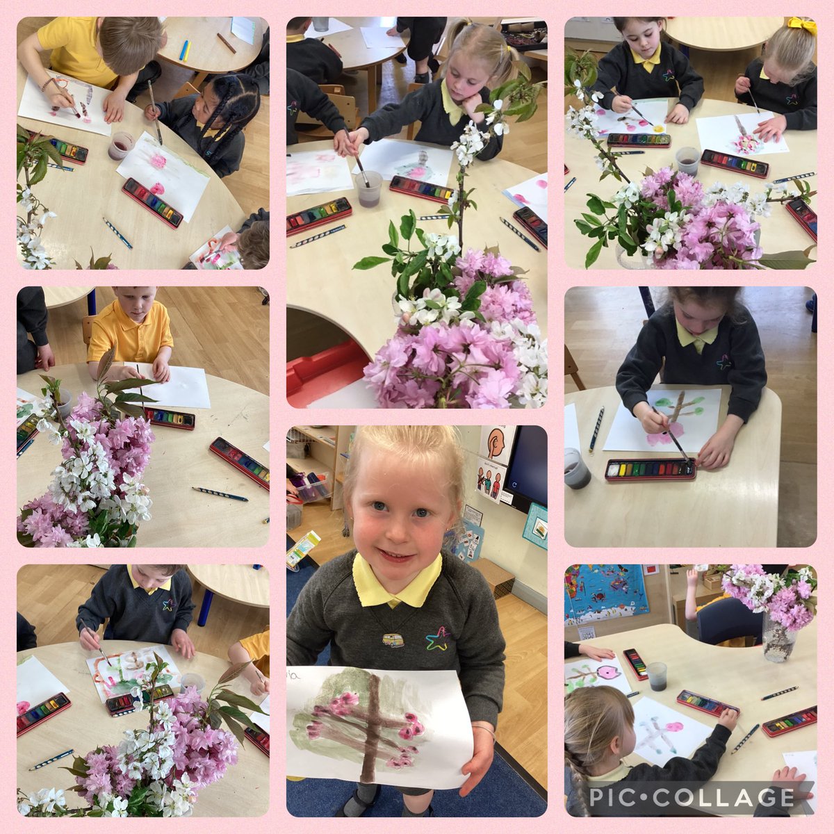 Reception have been looking at the changes in the outdoor environment and noticed that lots of the trees have beautiful blossom on them. The children then had a go at painting the blossom using water colours. #TSPArt #Enjoy 🌸