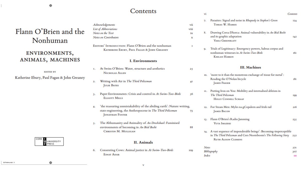 Proofs have just dropped for 'Flann O'Brien and the Nonhuman: Environments, Animals, Machines', a collection of essays I co-edited with the brilliant @Katherine_Ebury and @johnjgreaney - coming soon from @CorkUP! Check out the fantastic line-up of contributors & chapters below👇
