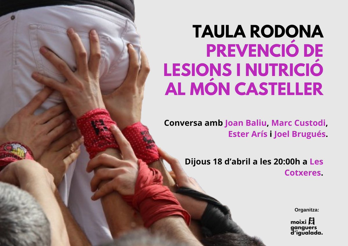 Avui a les 20h podreu gaudir d'una taula rodona molt interessant a Les Cotxeres.

👉🏻 "Prevenció de lesions i nutrició al món casteller", amb <a href="/JoanBaliu/">Joan Baliu Mas</a>, @cust_CM, Ester Arís i <a href="/bruguesoliva/">Joel Brugués Oliva</a>.

🍴I després podeu quedar-vos a sopar al bar.
#quisembrarecull #castells