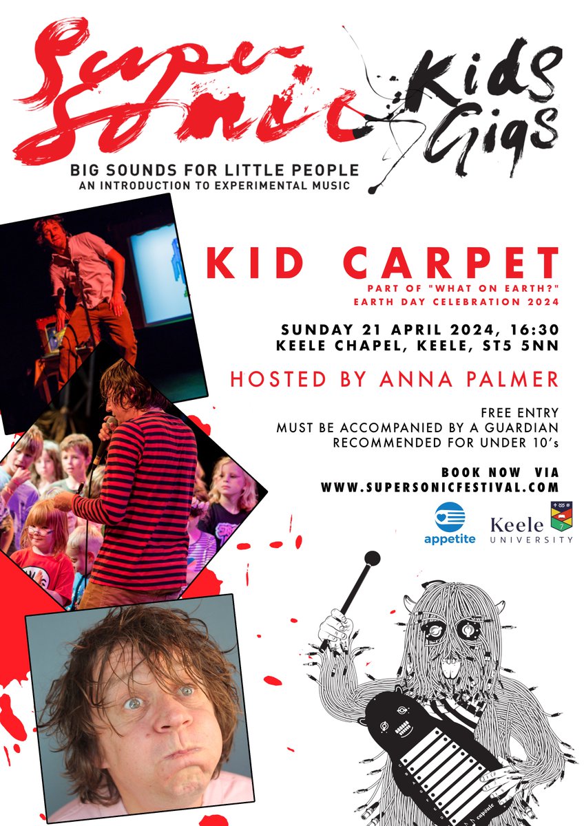 Supersonic kids gigs & @appetitestoke present... @KidCarpet at @KeeleUniversity💥 Kid Carpet makes peculiar disco punk music with Casio keyboards, things that other people have thrown away and cardboard. Hosted by the one and only Anna Palmer More info - supersonicfestival.com