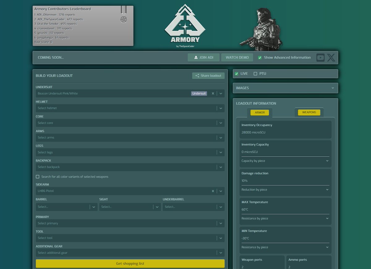 Did the Armory logo & UI design for @TheSpaceCoderX This is one of 2 designs that I've done. We will implement both designs + SC seasonal themes are also in plan. Great SC tool! Loved getting back into xHTML designs. VISIT: armory.thespacecoder.space #StarCitizen @RobertsSpaceInd