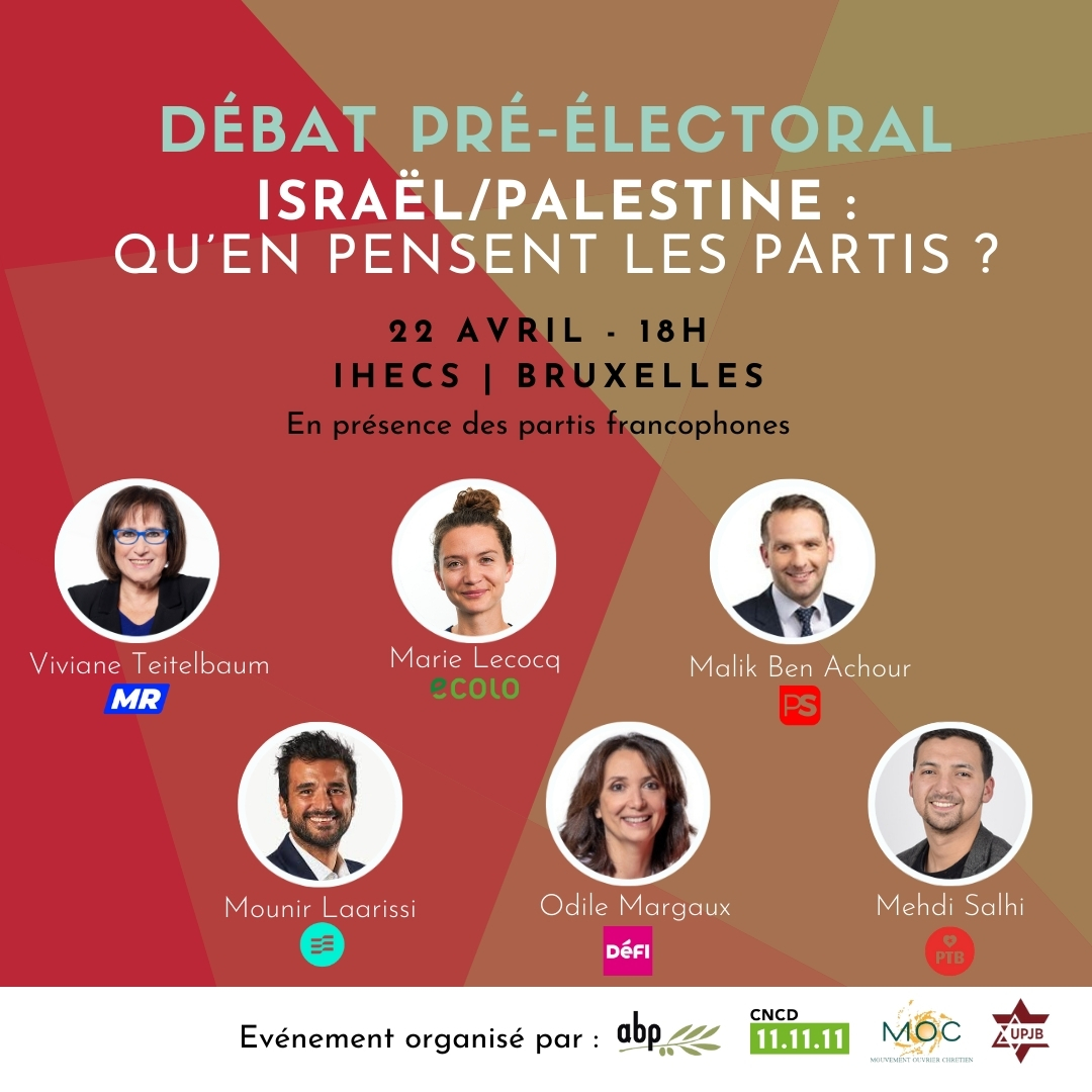 Face à la situation catastrophique en Palestine 🇵🇸, que proposent les principaux partis francophones ? Venez le découvrir lors du débat pré-électoral que nous organisons le 22 avril prochain avec l’@ABP_asbl, l’@UBelgique et le @moc_ciep à Bruxelles. ℹ️👉cncd.be/Debat-pre-elec…