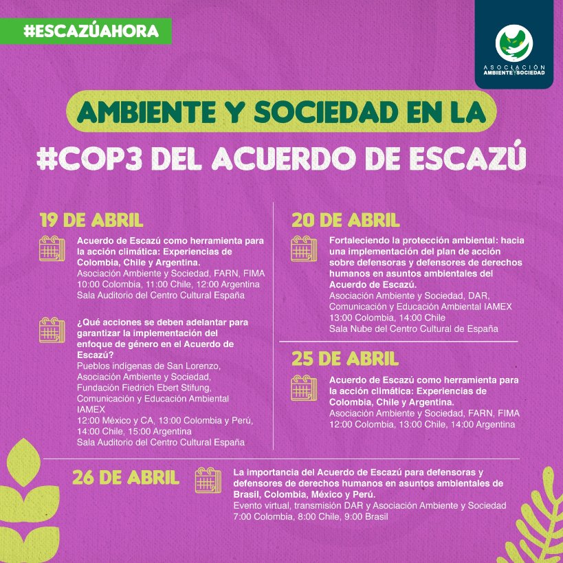 ambienteysoc's tweet image. #EscazúAhora📣 | Desde Ambiente y Sociedad estaremos participando en la #PreCOP y #COP3 del Acuerdo de Escazú 🤓⭐️. Te invitamos a conocer más de estos eventos aquí 👇.

📹 ¡También transmitiremos a través del canal de YouTube de @FIMA_Chile  y nuestra página de Facebook!