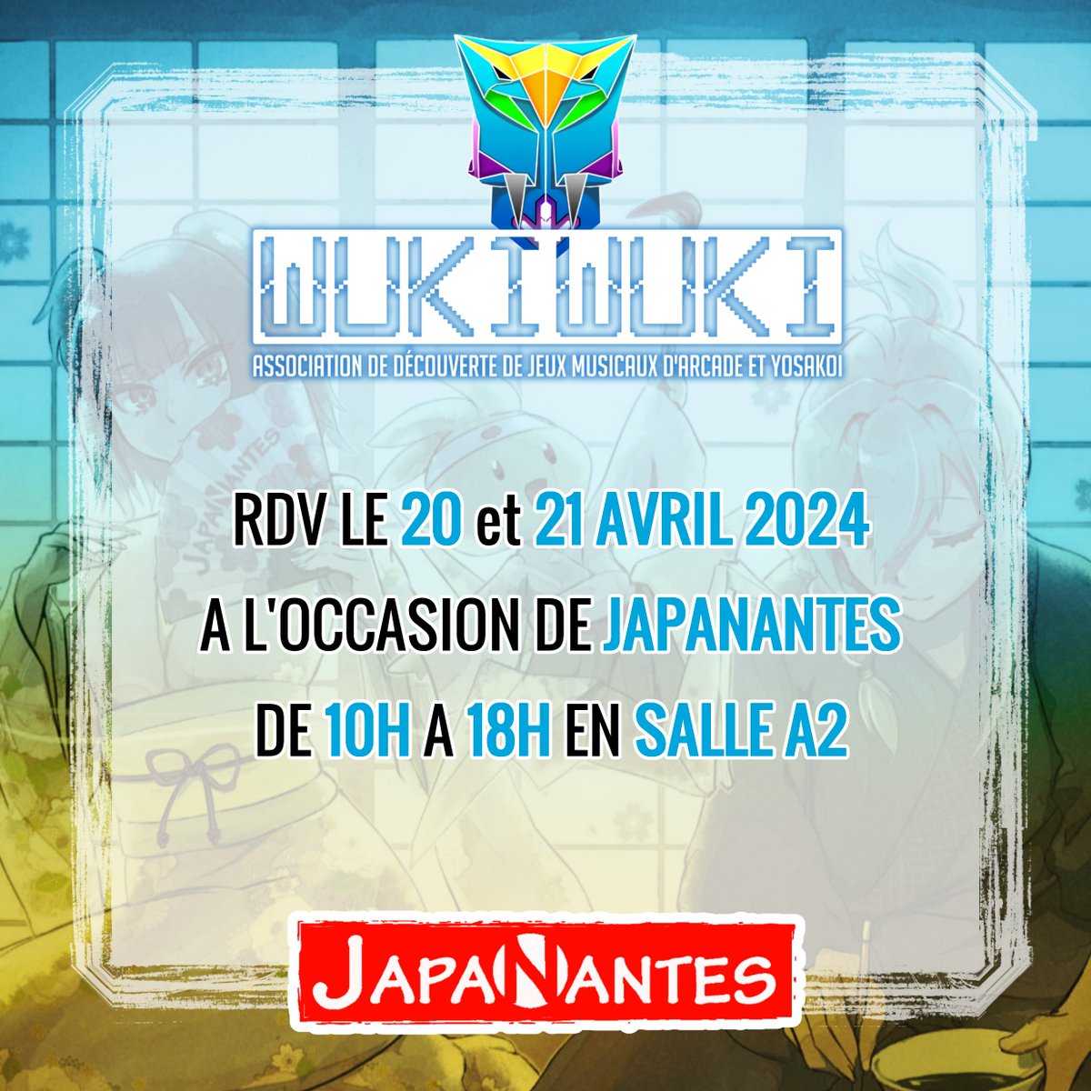 WukiWuki sera présent ce samedi 20 et dimanche 21 avril pour cette nouvelle édition de #japanantes 2024. Retrouvez-nous salle A2 venir jouer à :

Dance Dance Revolution  ➡️⬅️⬆️⬇️
Taiko no Tatsujin 🥁
Pop'n Music 🌈